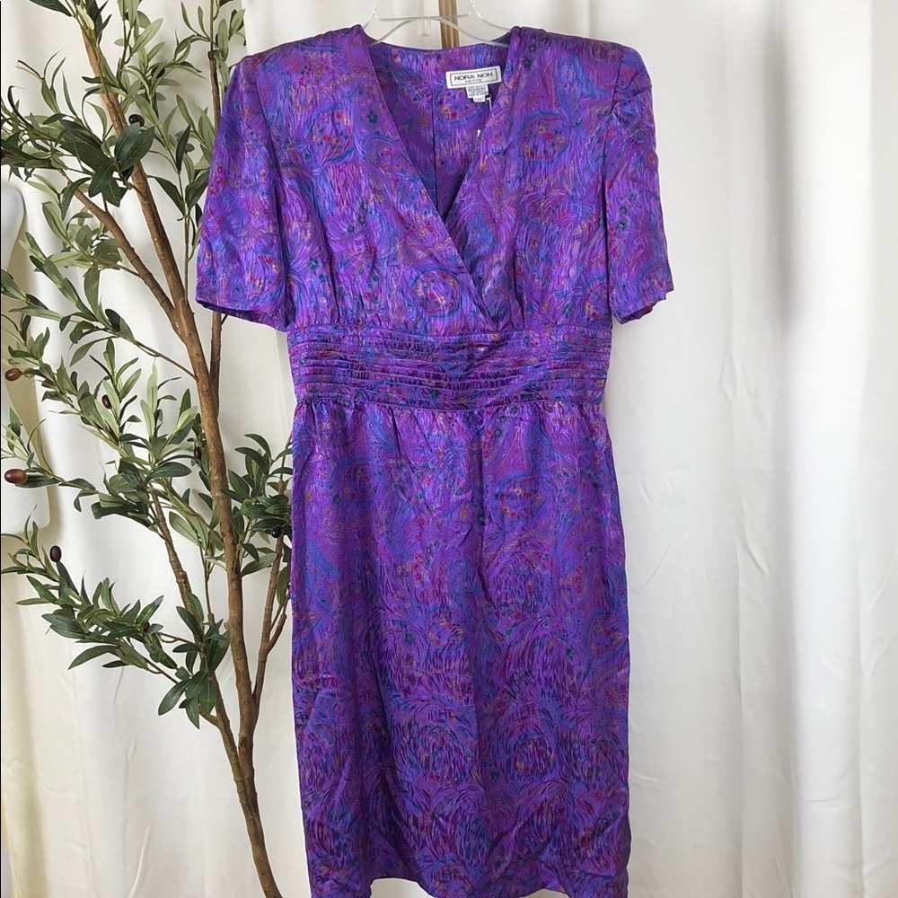 Nora Noh 100% Silk 80’s Vintage Purple Floral Wrap-Style Midi Dress Sz 14 (V1)